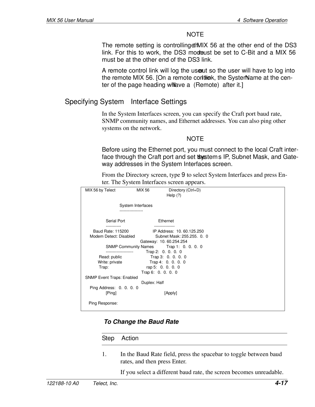 Telect MIX 56 user manual Specifying System Interface Settings, To Change the Baud Rate 