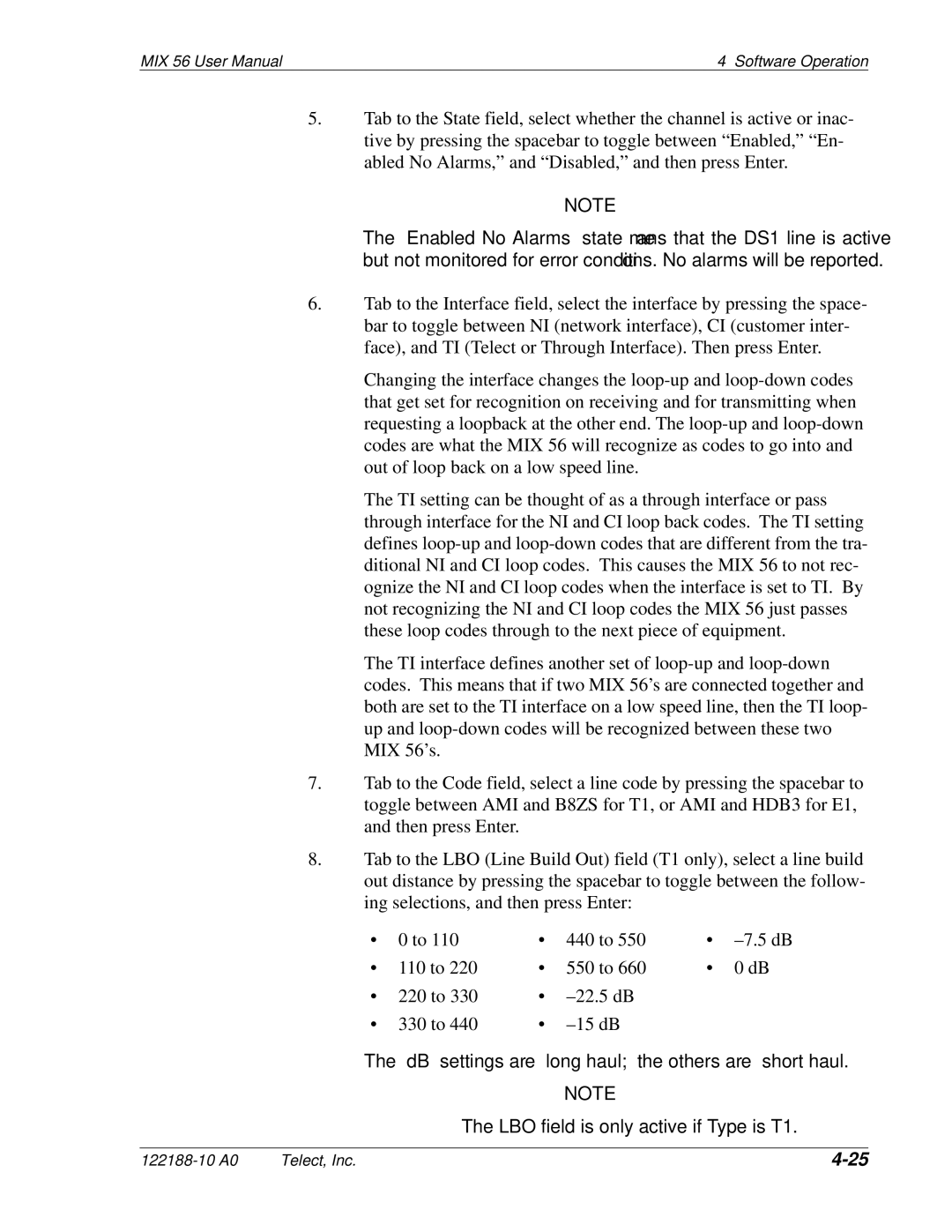 Telect MIX 56 user manual Software Operation 