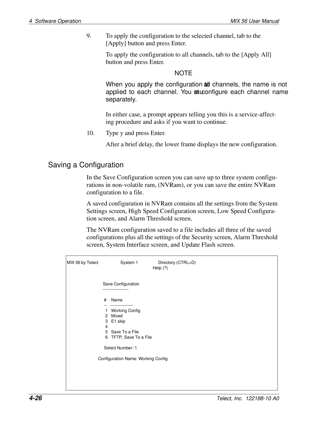 Telect MIX 56 user manual Saving a Configuration 