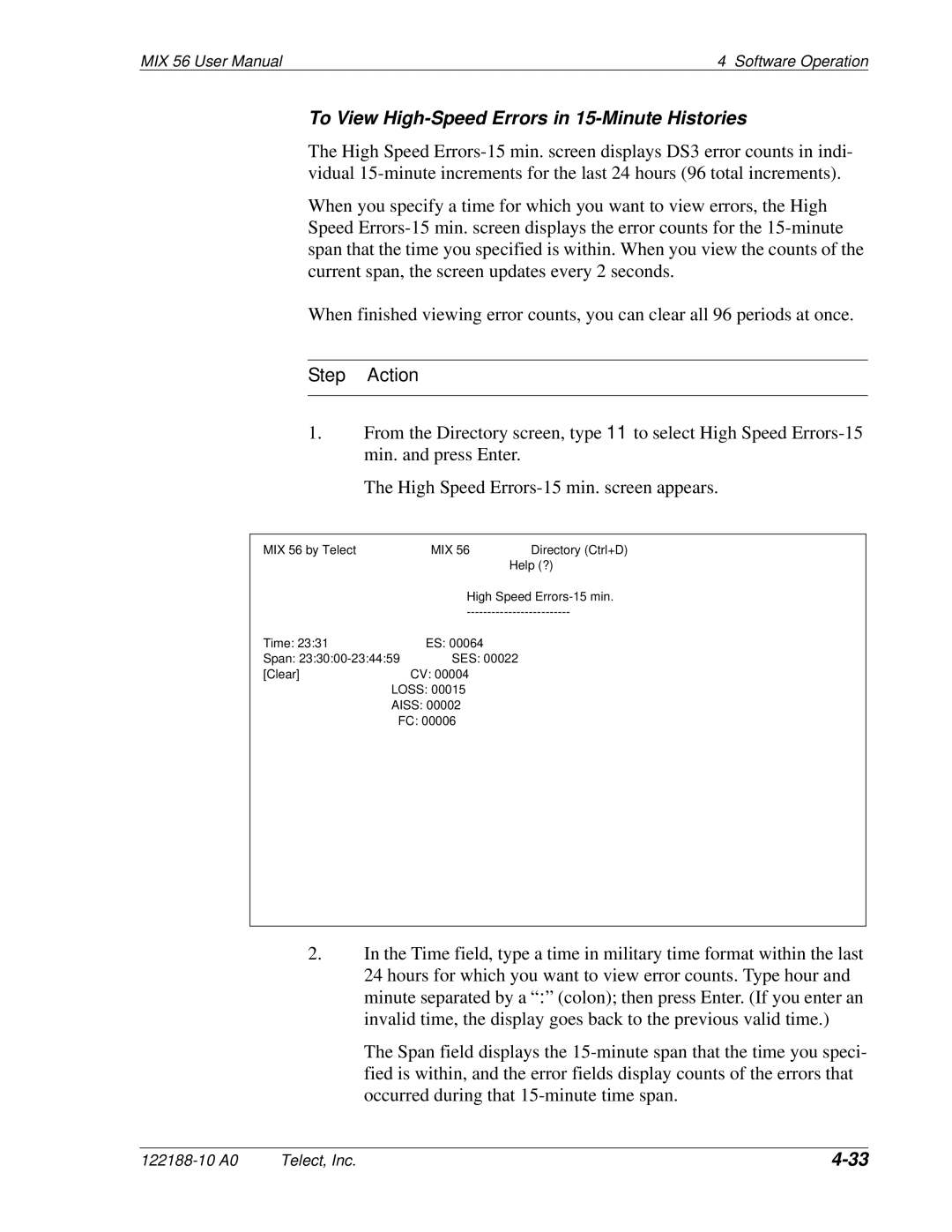 Telect MIX 56 user manual To View High-Speed Errors in 15-Minute Histories 