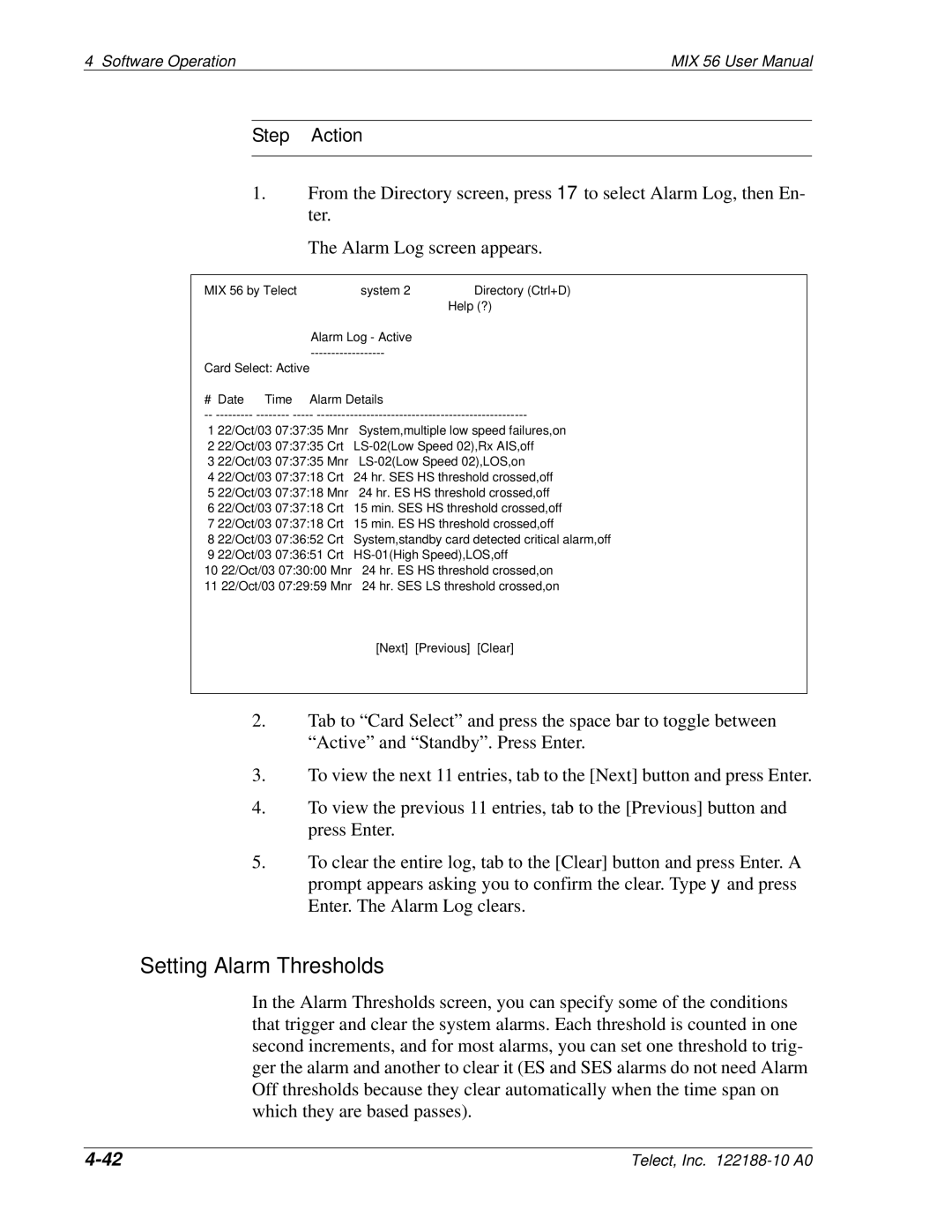 Telect MIX 56 user manual Setting Alarm Thresholds 