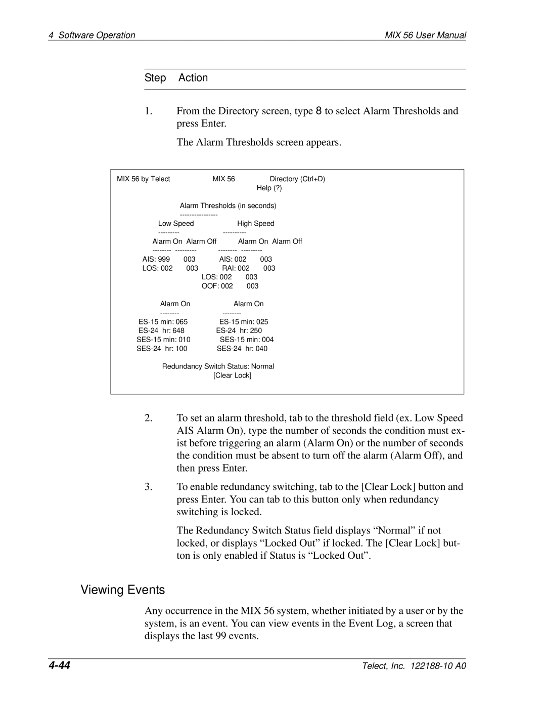 Telect MIX 56 user manual Viewing Events 