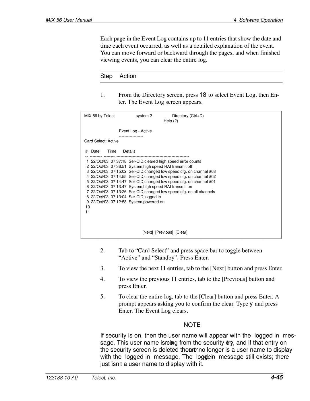 Telect MIX 56 user manual Ser-CID,cleared high speed error counts 