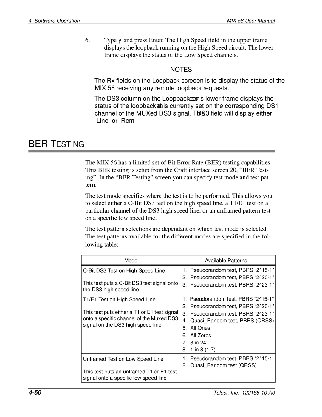 Telect MIX 56 user manual BER Testing, Mode Available Patterns 