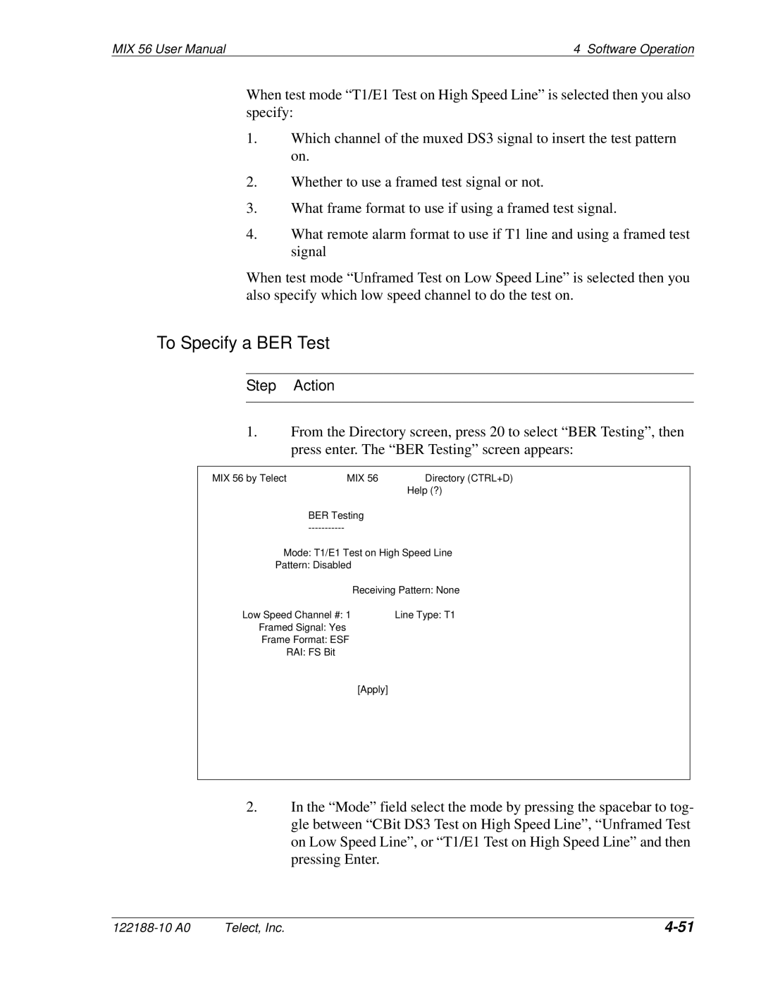 Telect MIX 56 user manual To Specify a BER Test 