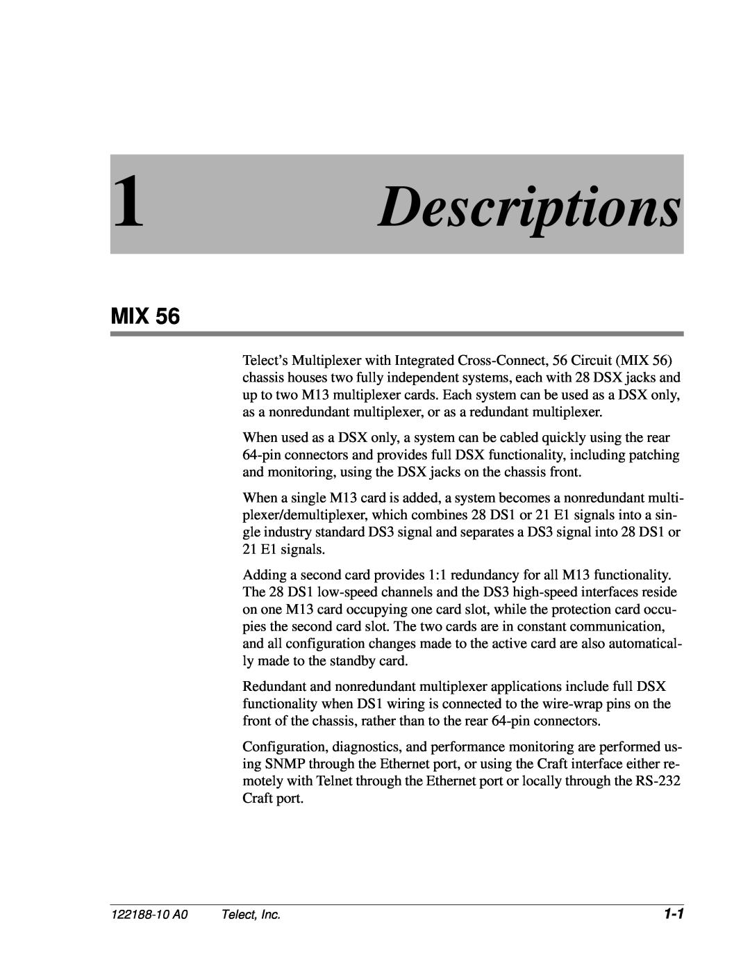 Telect MIX 56 user manual Descriptions 