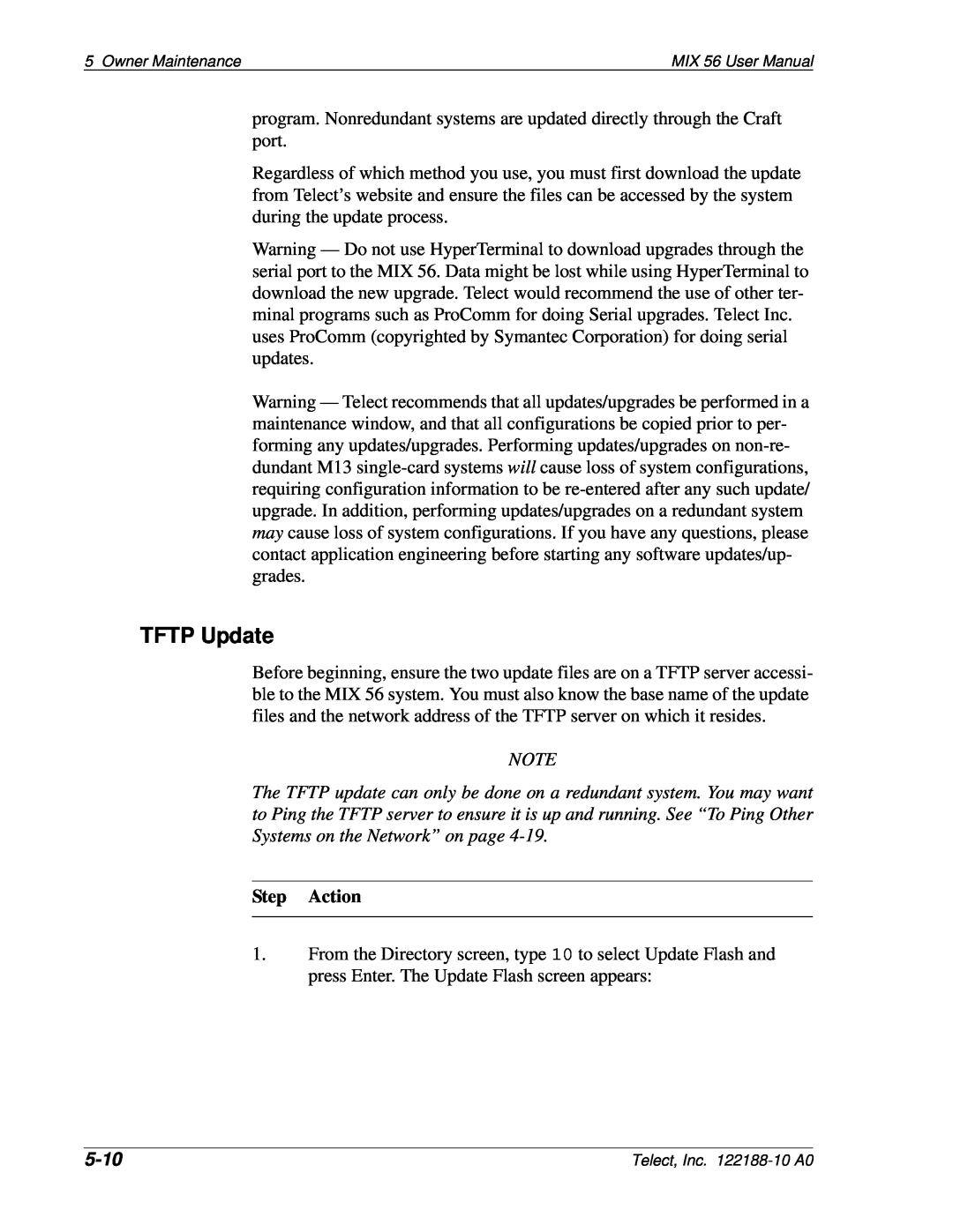 Telect MIX 56 user manual TFTP Update, 5-10, Step Action 
