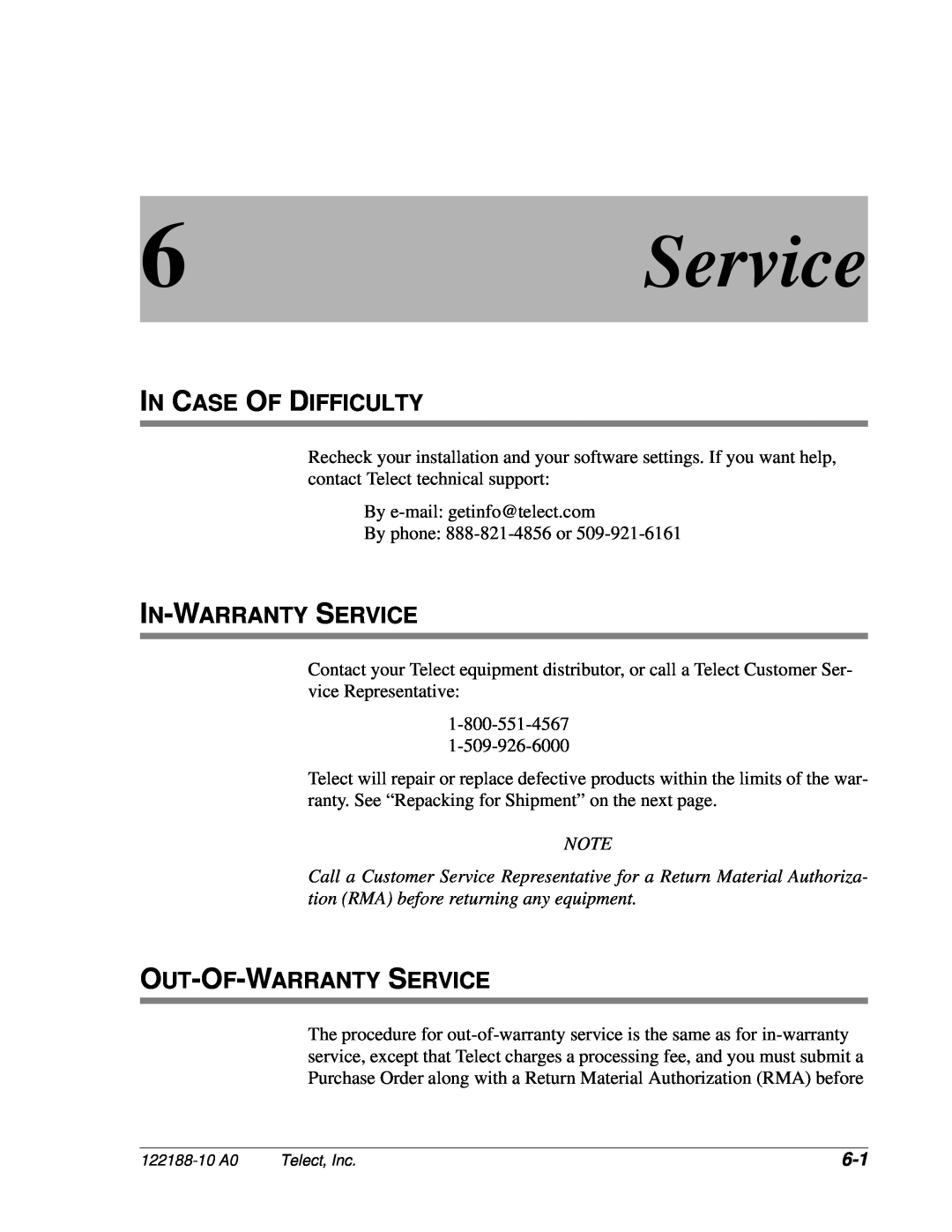 Telect MIX 56 user manual In Case Of Difficulty, In-Warranty Service, Out-Of-Warranty Service 