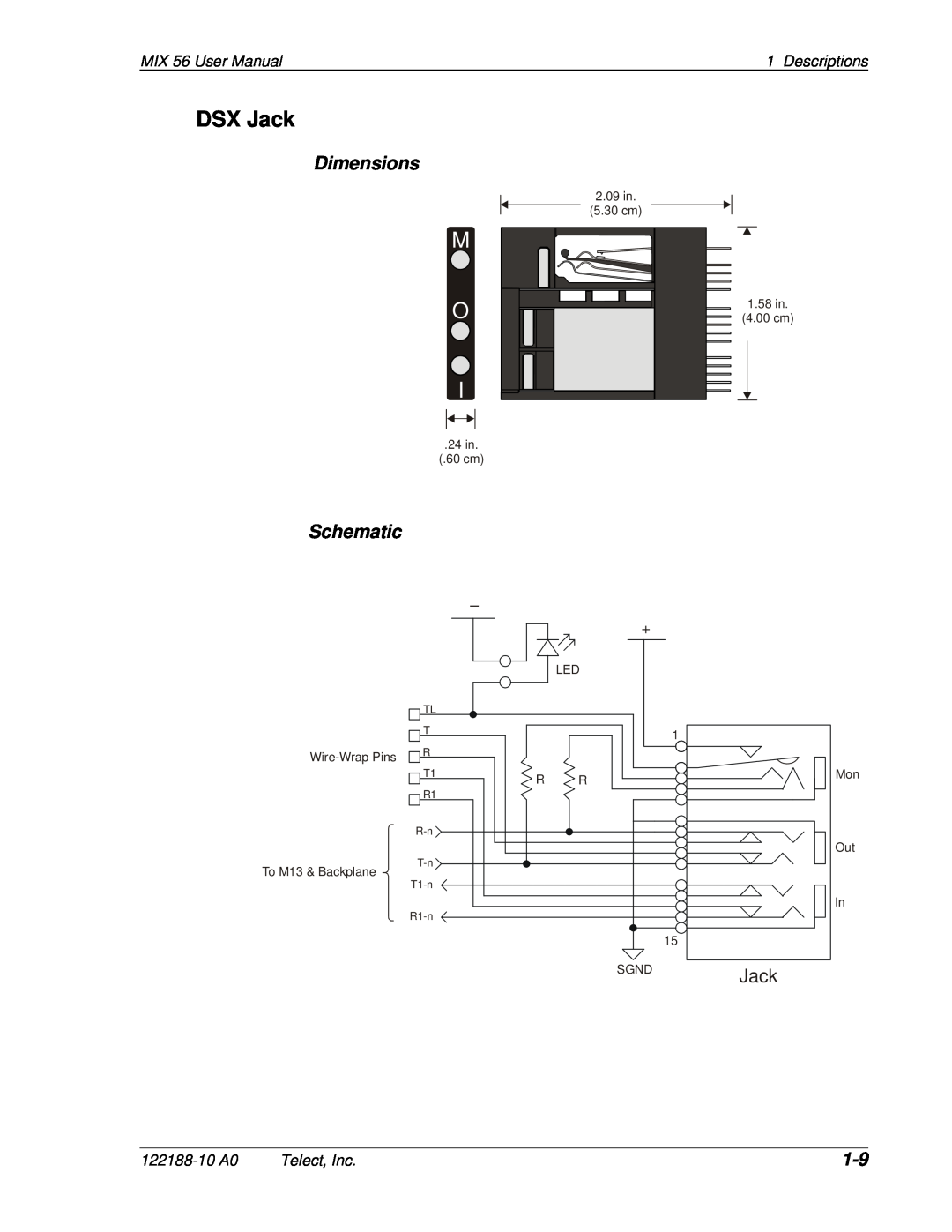Telect DSX Jack, Schematic, M O I, Dimensions, MIX 56 User Manual, Descriptions, 122188-10 A0, Telect, Inc, 24 in 60 cm 
