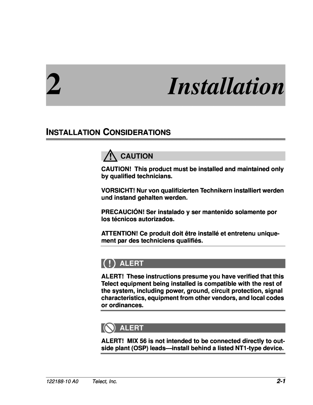 Telect MIX 56 user manual Installation Considerations, Alert 
