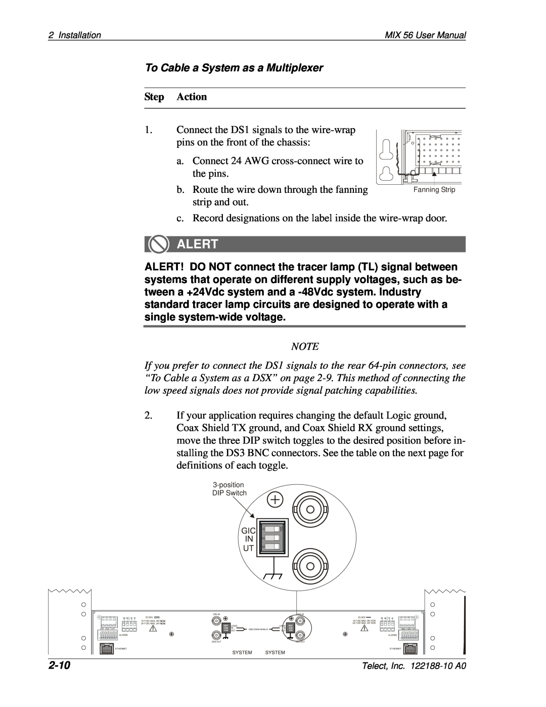Telect MIX 56 user manual To Cable a System as a Multiplexer, Alert, Step Action, 2-10 