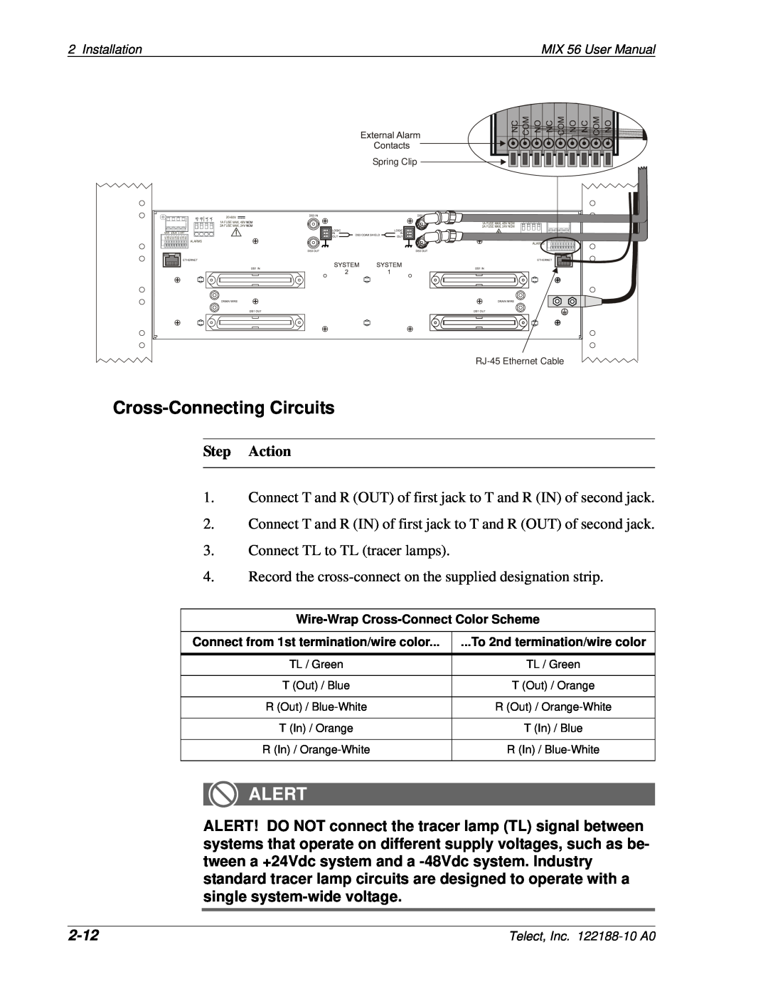 Telect Cross-Connecting Circuits, 2-12, Alert, Step Action, Installation, MIX 56 User Manual, Telect, Inc. 122188-10 A0 