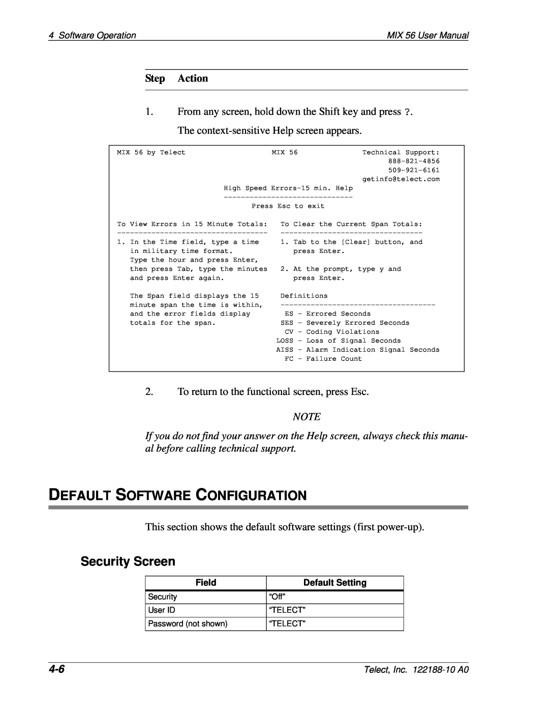 Telect Default Software Configuration, Security Screen, Step Action, Software Operation, MIX 56 User Manual, Field 