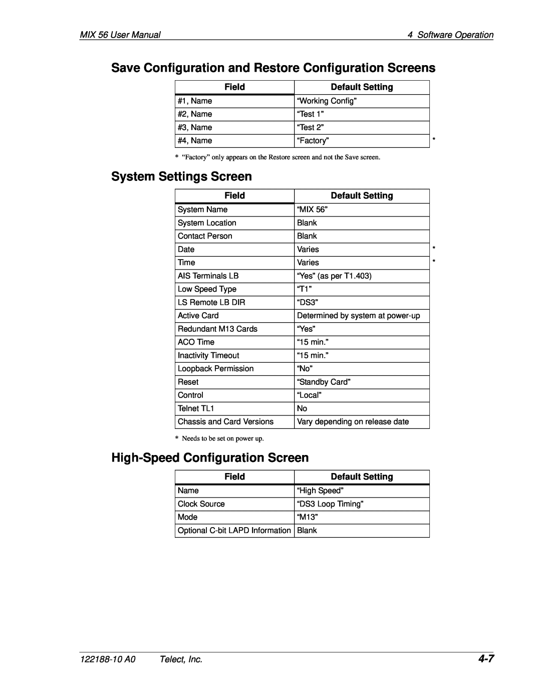 Telect Save Configuration and Restore Configuration Screens, System Settings Screen, MIX 56 User Manual, Field 