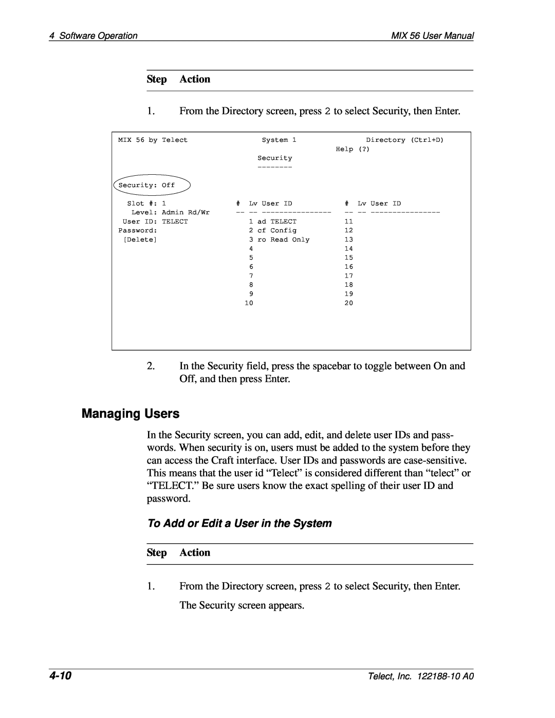 Telect MIX 56 user manual Managing Users, To Add or Edit a User in the System, 4-10, Step Action 