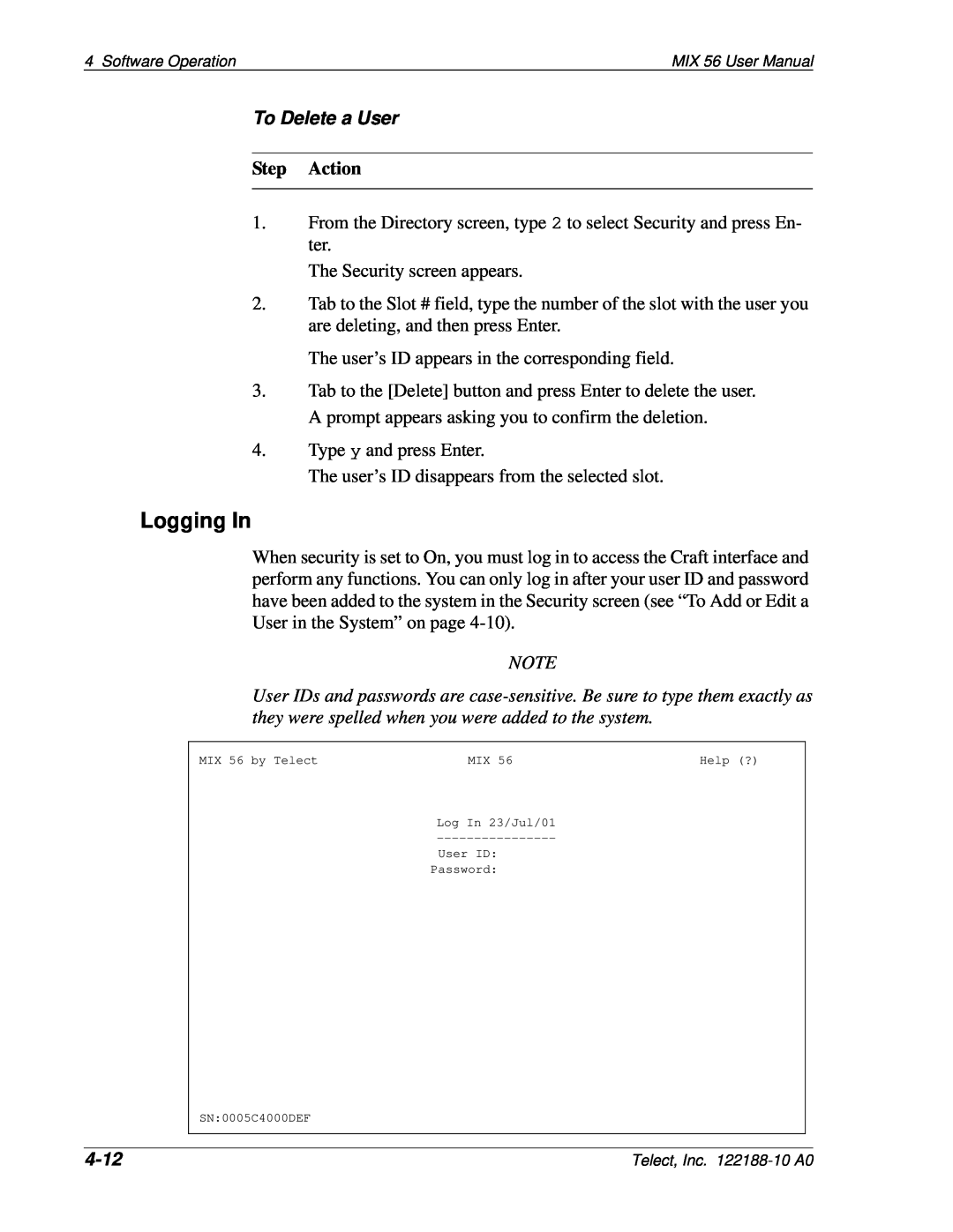 Telect MIX 56 user manual Logging In, To Delete a User, 4-12, Step Action 
