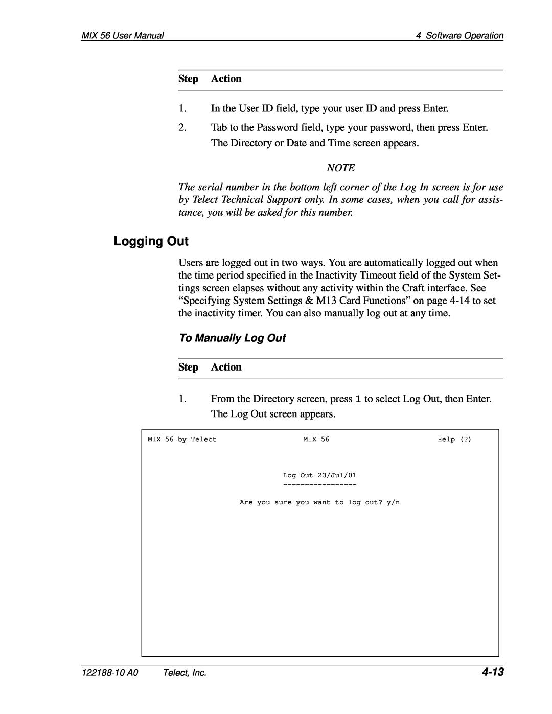 Telect MIX 56 user manual Logging Out, To Manually Log Out, 4-13, Step Action 