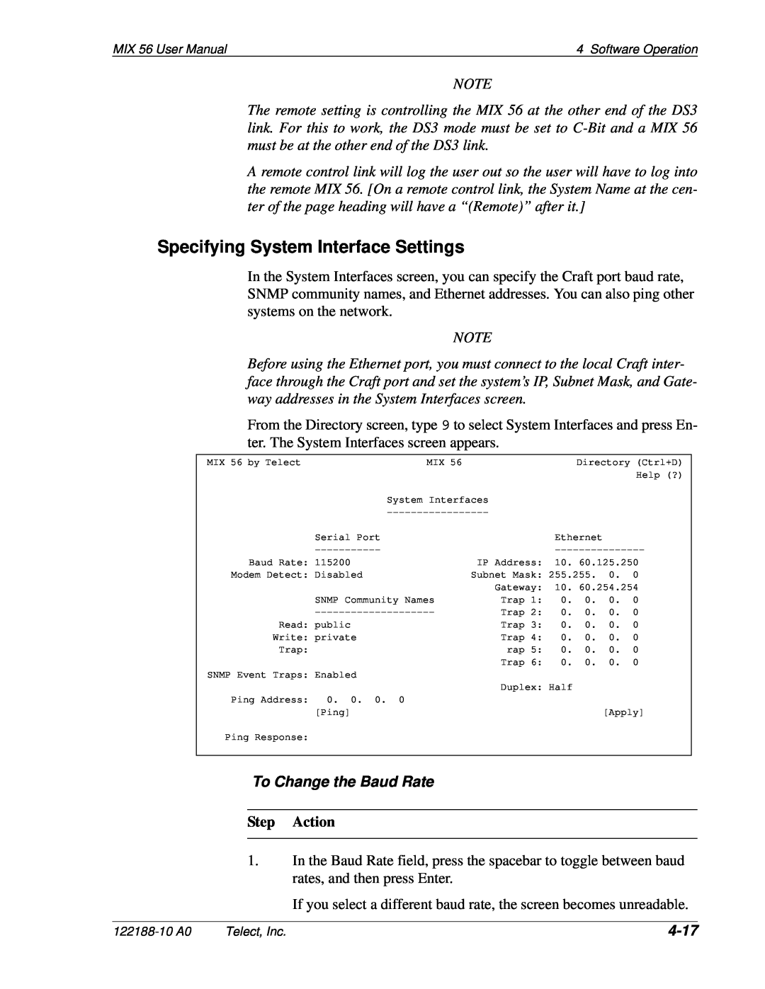 Telect MIX 56 user manual Specifying System Interface Settings, To Change the Baud Rate, 4-17, Step Action 