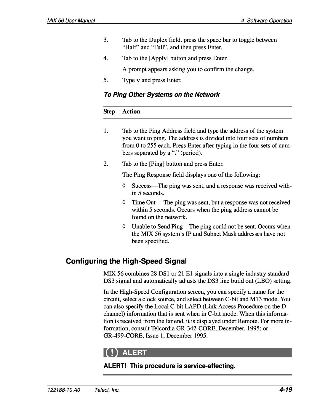 Telect MIX 56 user manual Configuring the High-Speed Signal, To Ping Other Systems on the Network, 4-19, Alert, Step Action 