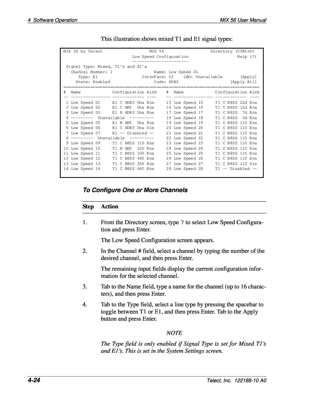Telect MIX 56 user manual To Configure One or More Channels, 4-24, Step Action 