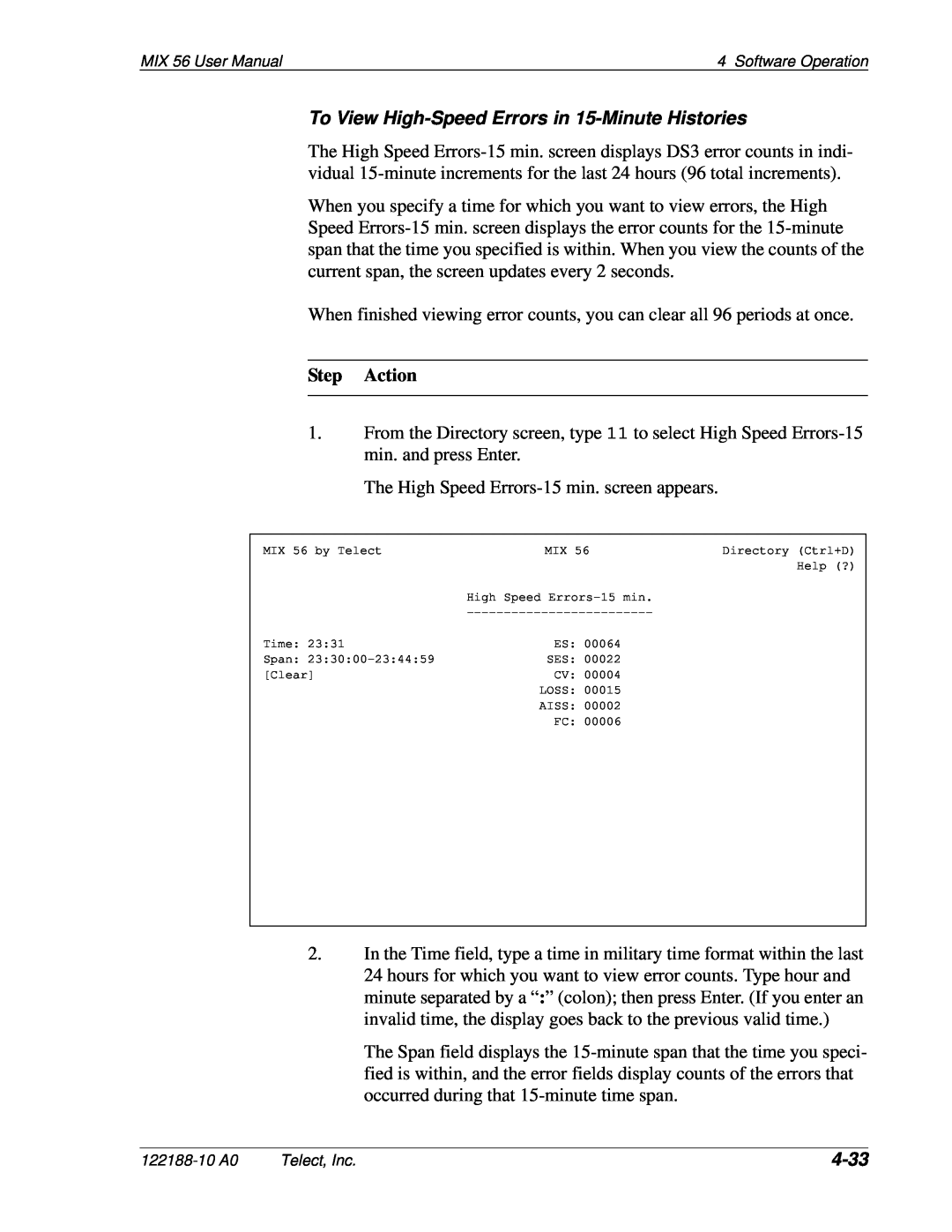 Telect MIX 56 user manual To View High-Speed Errors in 15-Minute Histories, 4-33, Step Action 