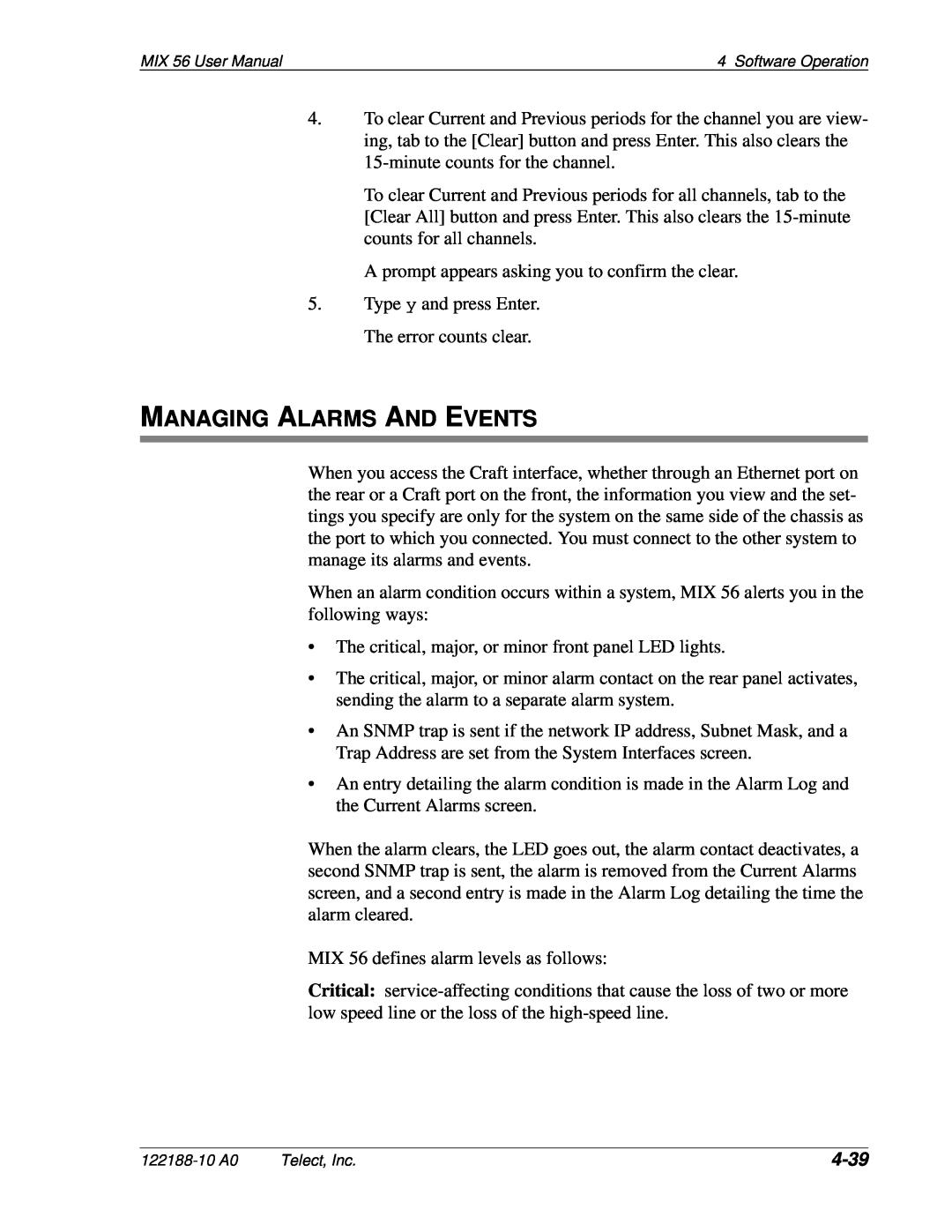 Telect MIX 56 user manual Managing Alarms And Events, 4-39 
