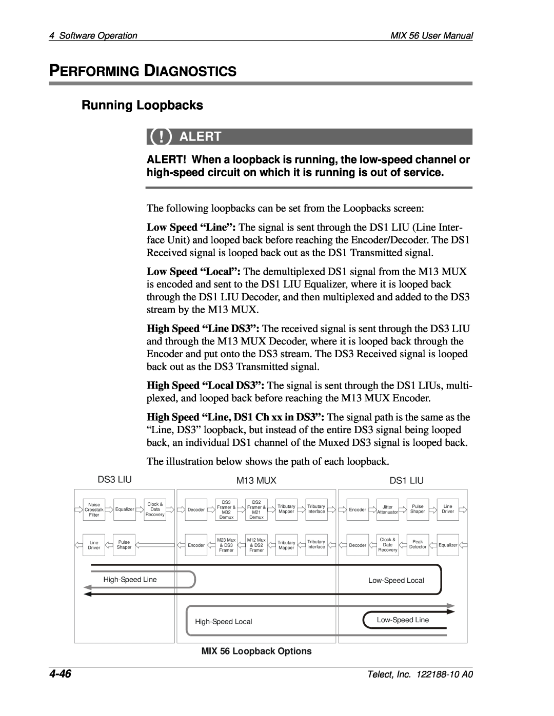 Telect MIX 56 user manual PERFORMING DIAGNOSTICS Running Loopbacks, 4-46, Alert 