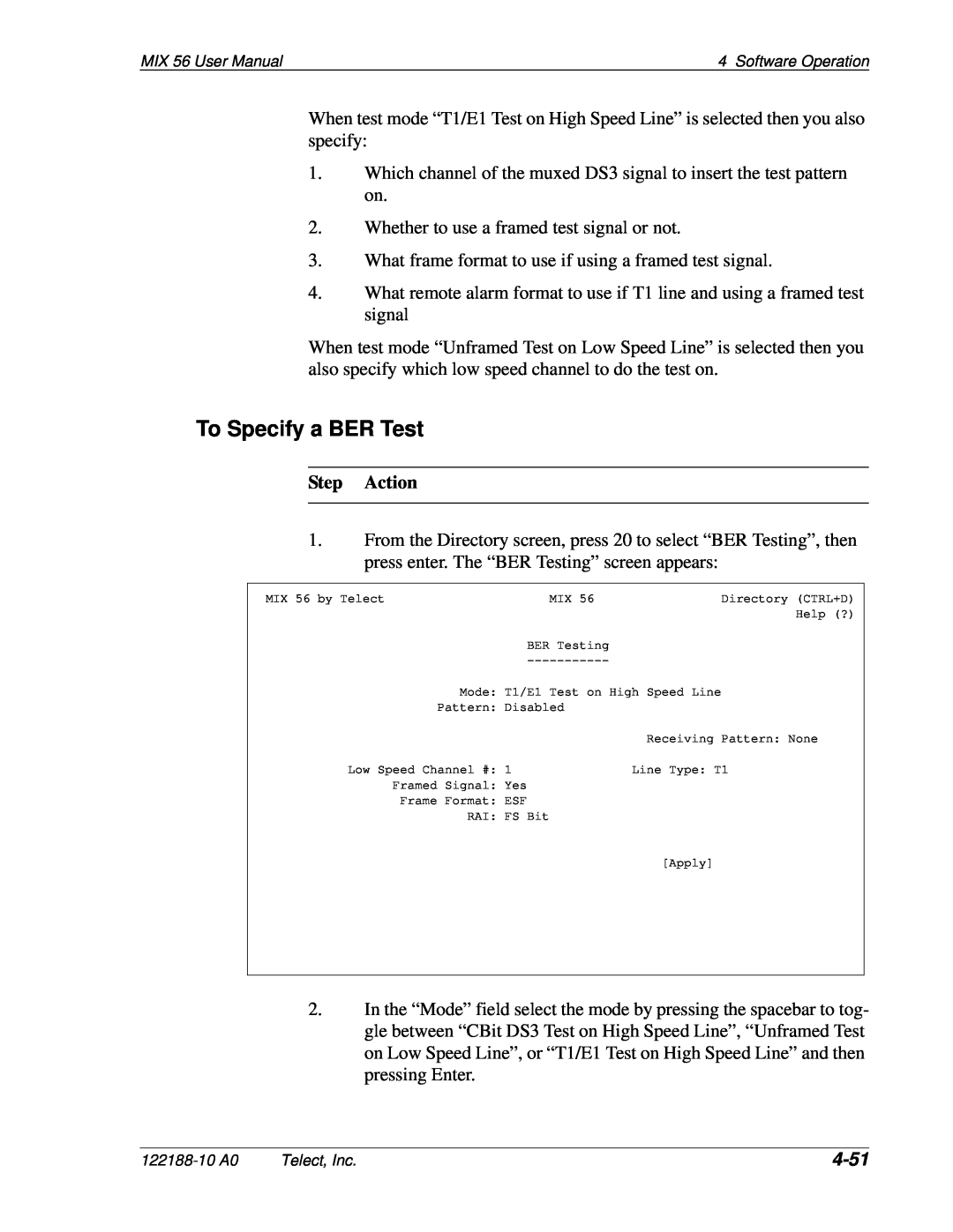 Telect MIX 56 user manual To Specify a BER Test, 4-51, Step Action 