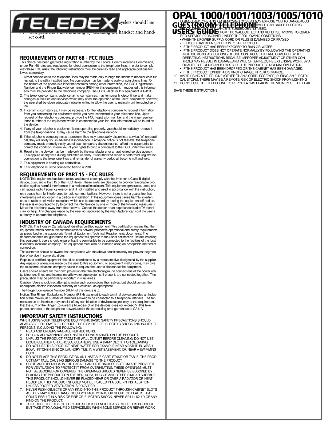 Teledex 1000 warranty Requirements of Part 68 FCC Rules, Requirements of Part 15 FCC Rules, Industry of Canada Requirements 