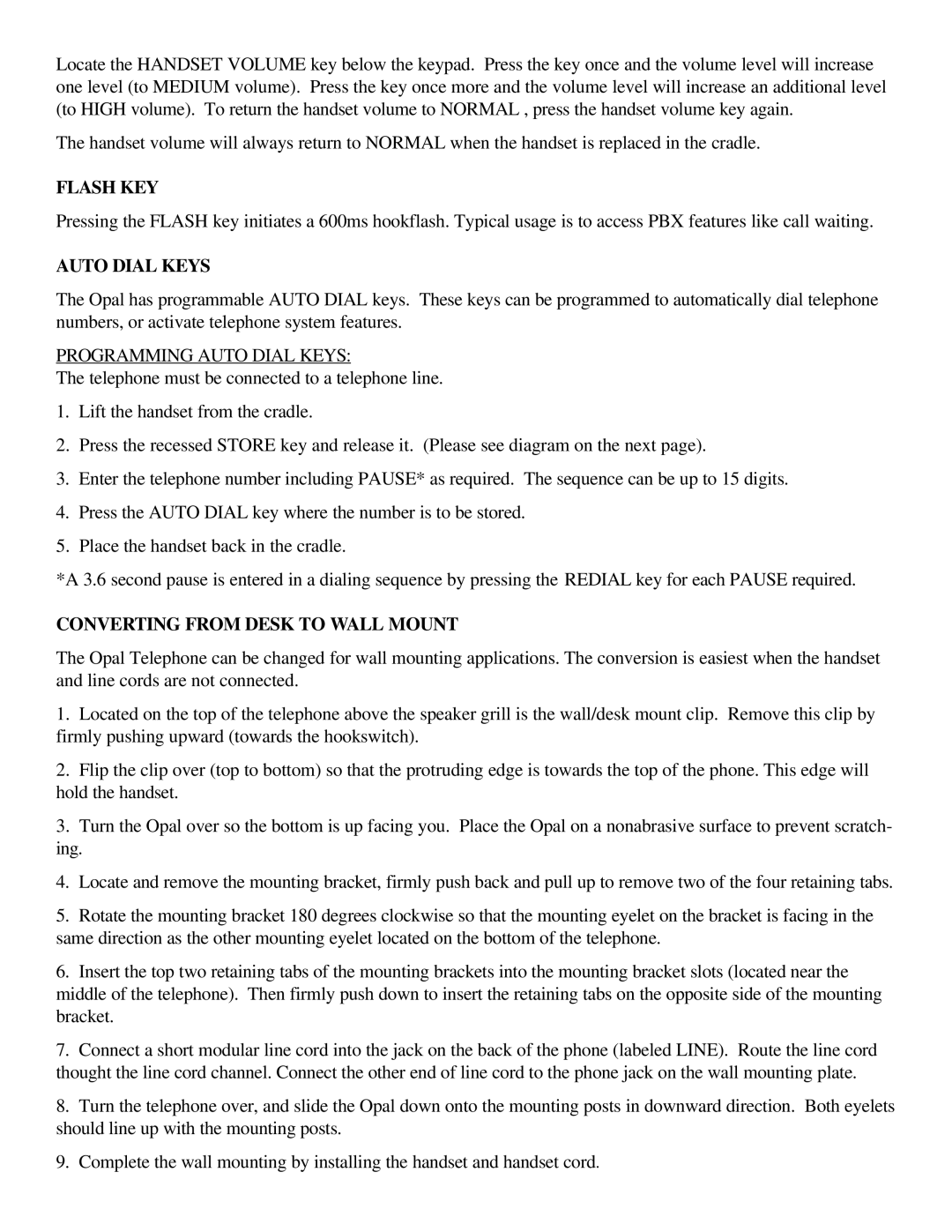 Teledex 1005, 1010, 1003 owner manual Flash KEY, Auto Dial Keys, Converting from Desk to Wall Mount 