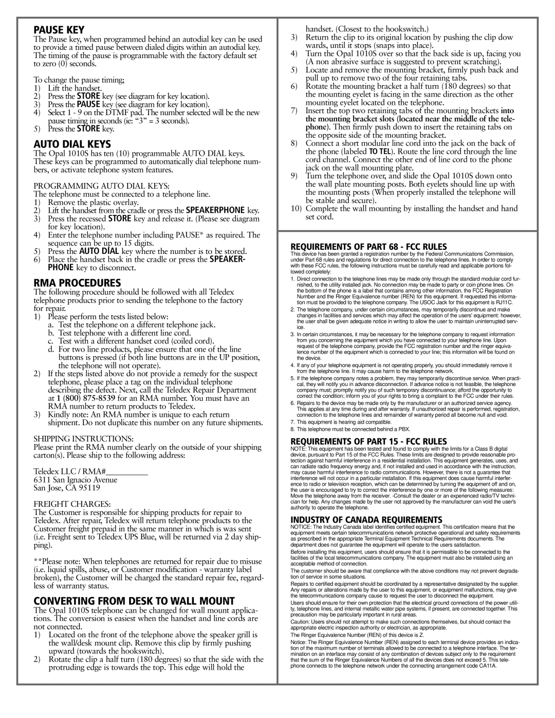 Teledex 1010S manual Pause KEY, Auto Dial Keys, RMA Procedures, Converting from Desk to Wall Mount 