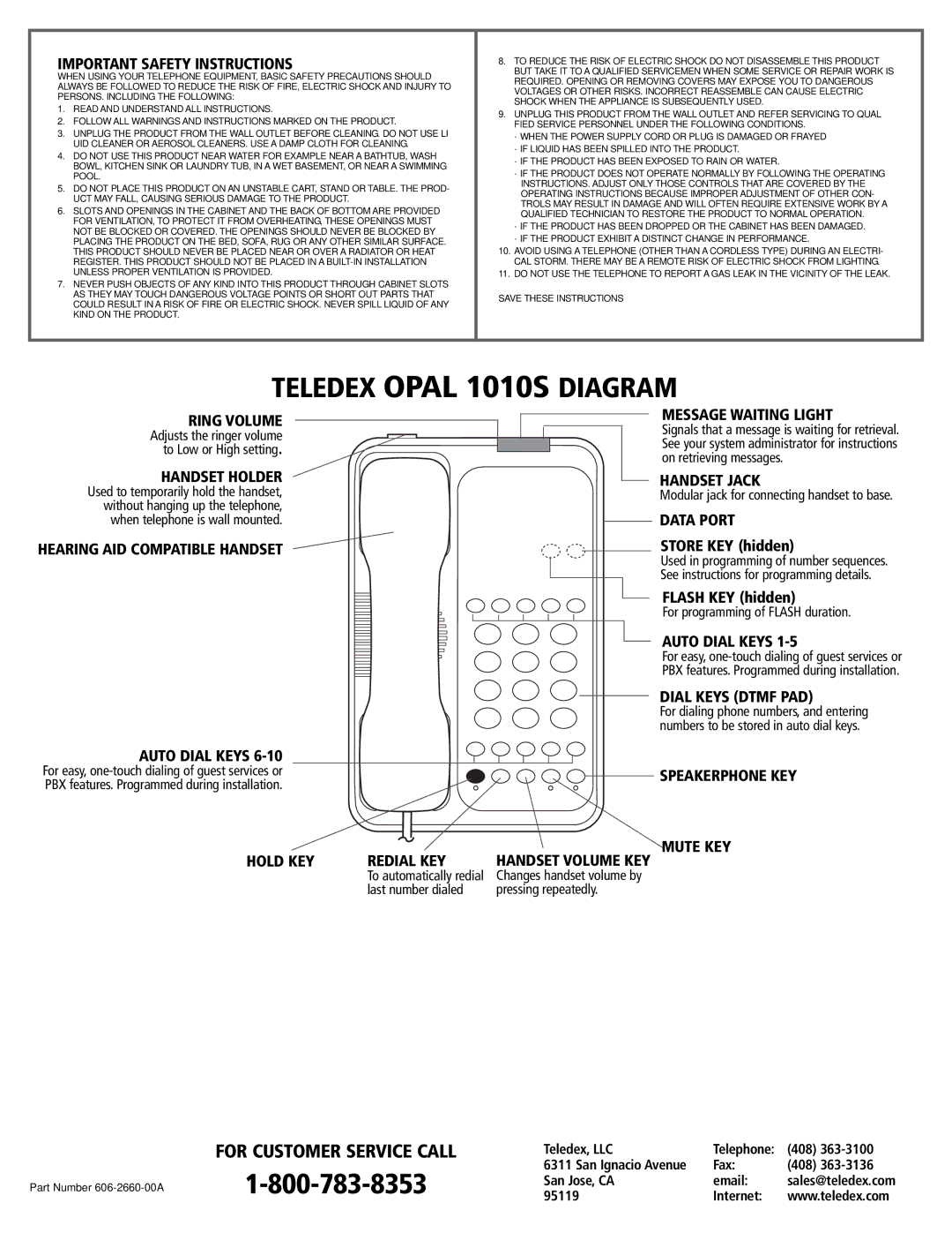 Teledex 1010S manual Important Safety Instructions, Ring Volume, Handset Holder, Handset Jack, Data Port, Auto Dial Keys 