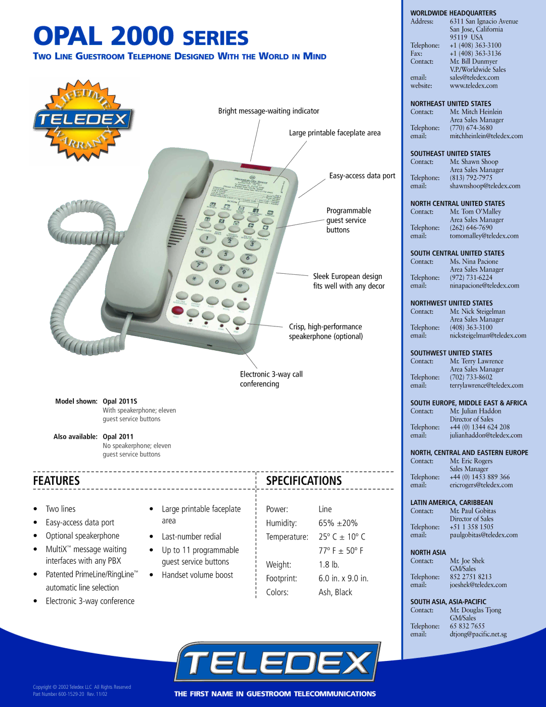 Teledex 2000 warranty Features, Specifications 