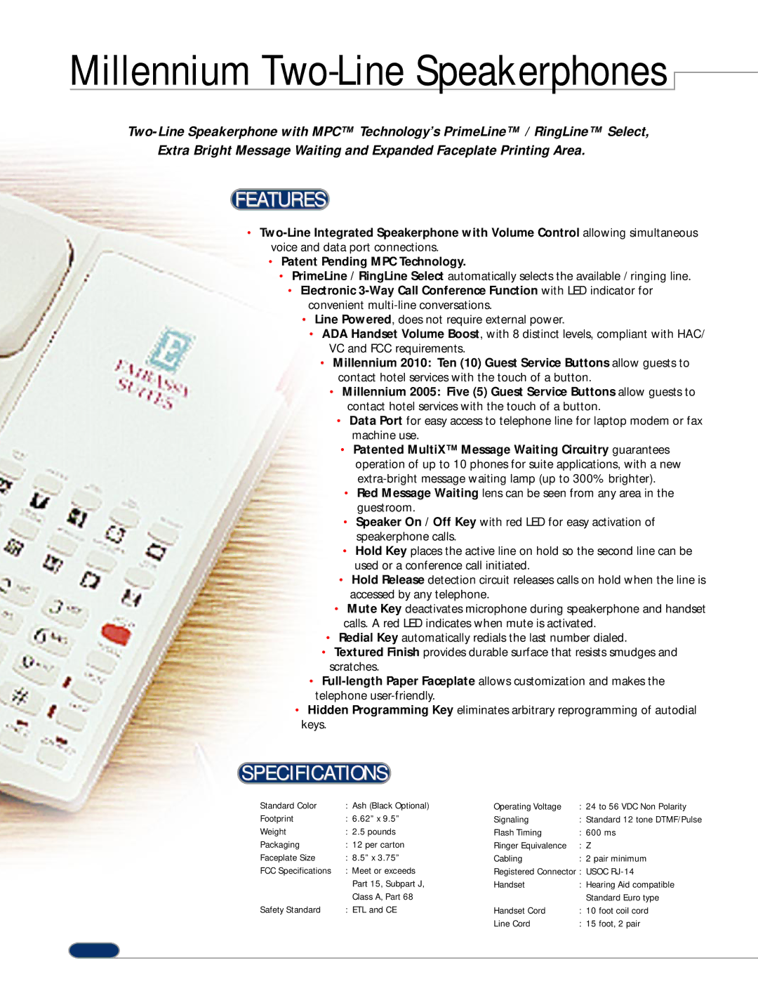 Teledex 2010 manual Millennium Two-Line Speakerphones, Features, Specifications 