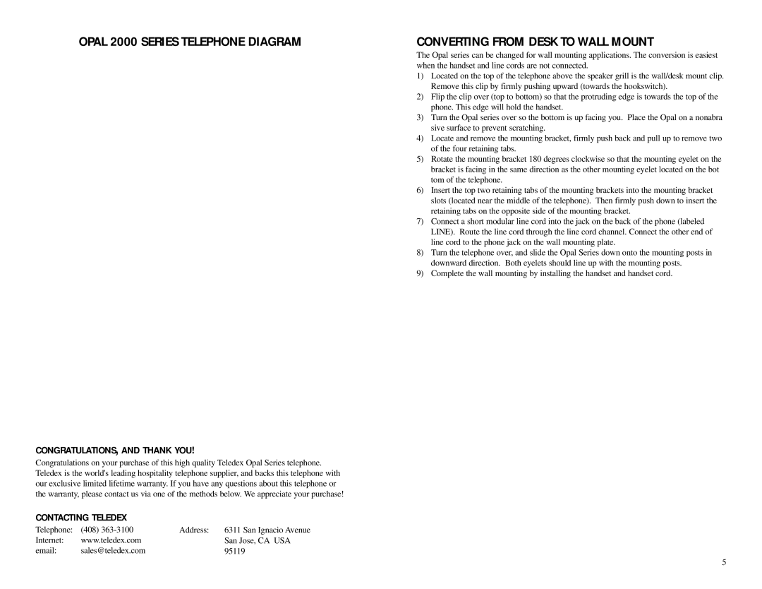 Teledex 2011 warranty Converting from Desk to Wall Mount, Four retaining tabs 