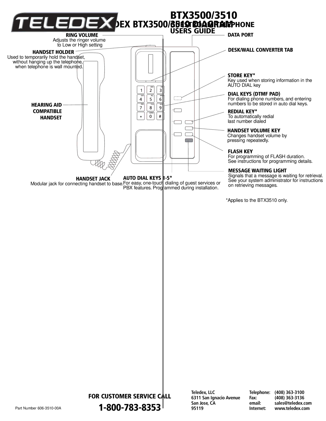 Teledex 606-3510-00A, BTX3500 warranty For Customer Service Call 