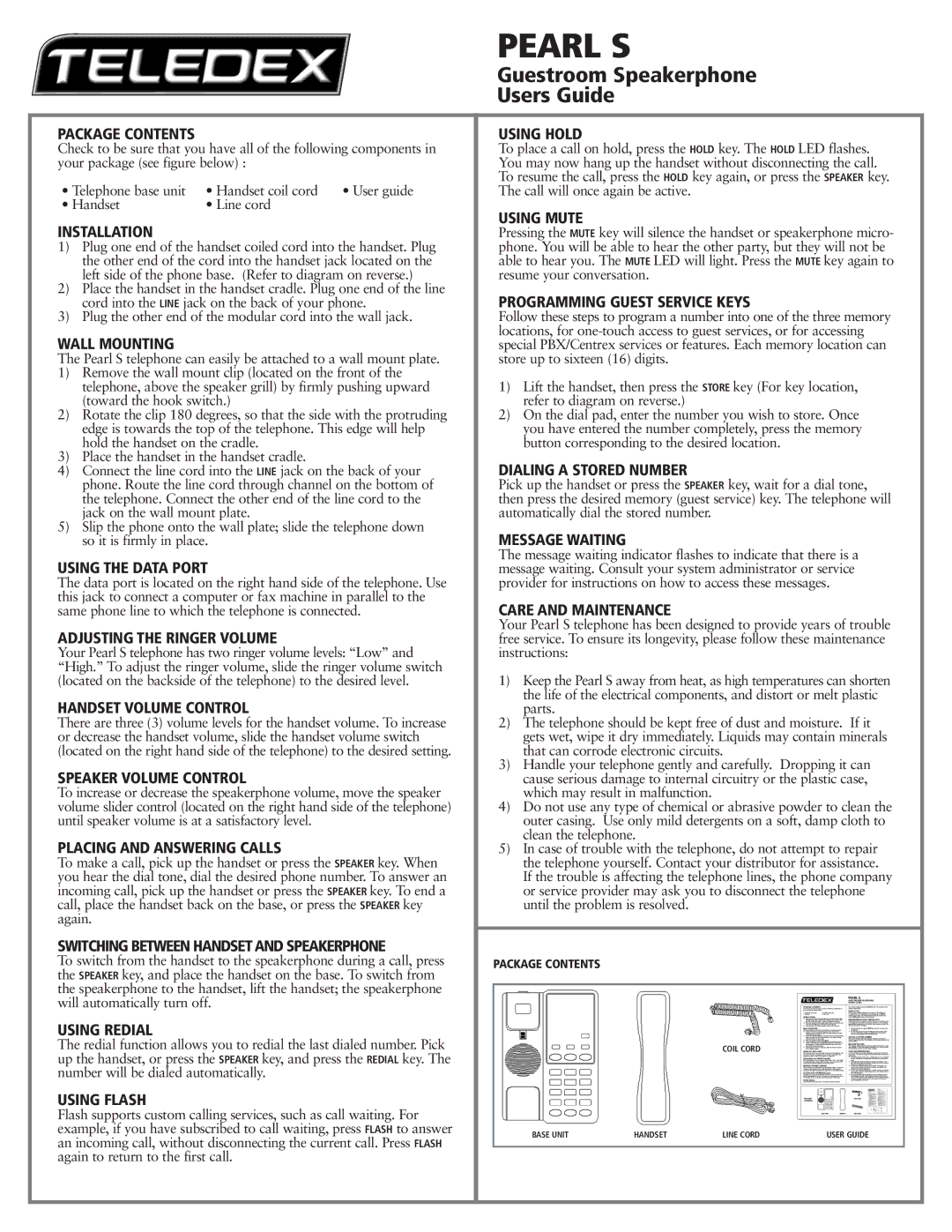 Teledex 600-0480-59 manual Package Contents, Installation, Wall Mounting, Using the Data Port, Adjusting the Ringer Volume 