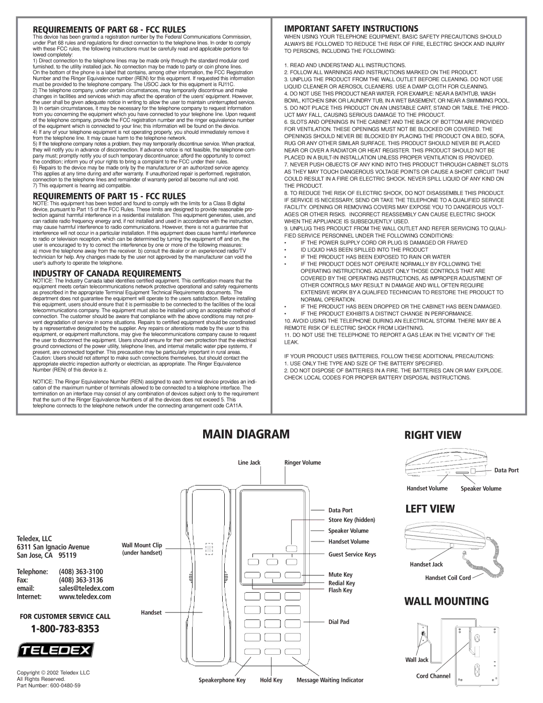 Teledex 600-0480-59 manual Requirements of Part 68 FCC Rules, Requirements of Part 15 FCC Rules 