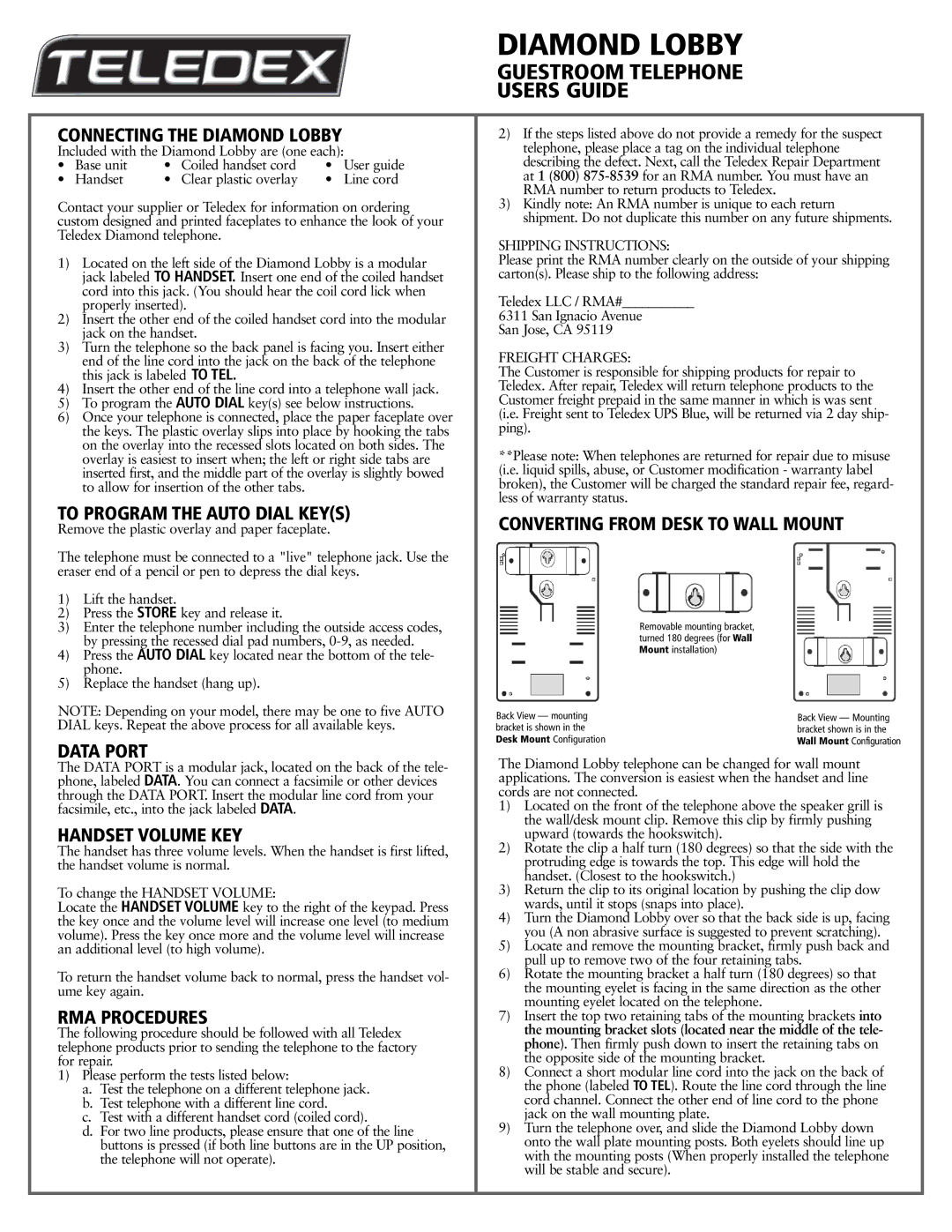 Teledex 606-0421-00A warranty Connecting the Diamond Lobby, To Program the Auto Dial Keys, Data Port, Handset Volume KEY 