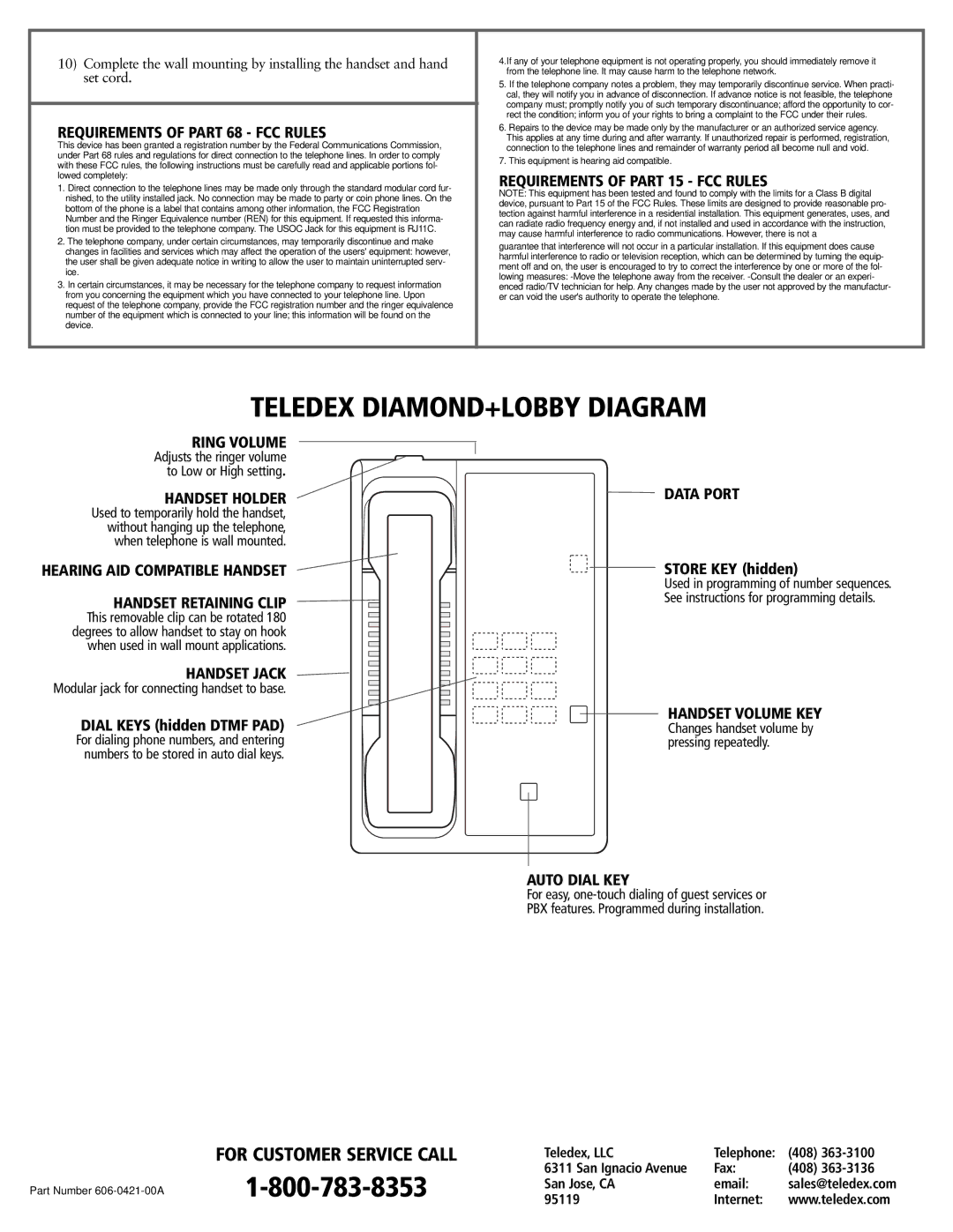 Teledex 606-0421-00A Requirements of Part 68 FCC Rules, Requirements of Part 15 FCC Rules, Ring Volume, Handset Holder 