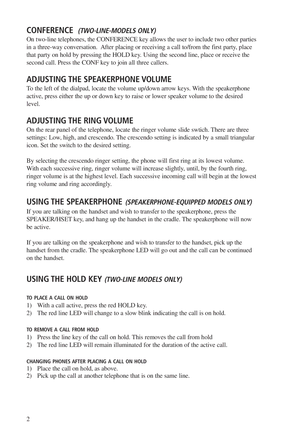 Teledex A100, A210S manual Adjusting the Speakerphone Volume, Adjusting the Ring Volume, Conference TWO-LINE-MODELS only 