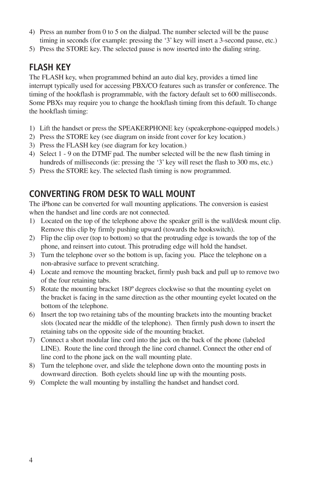 Teledex A100, A210S manual Flash KEY, Converting from Desk to Wall Mount 