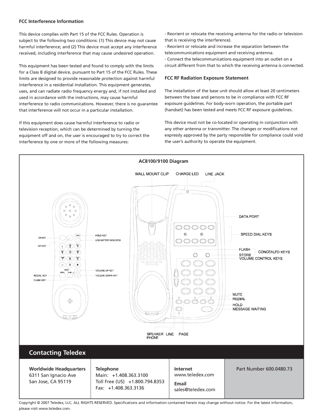 Teledex AC9105S, AC8110S FCC Interference Information, FCC RF Radiation Exposure Statement, AC8100/9100 Diagram, Telephone 