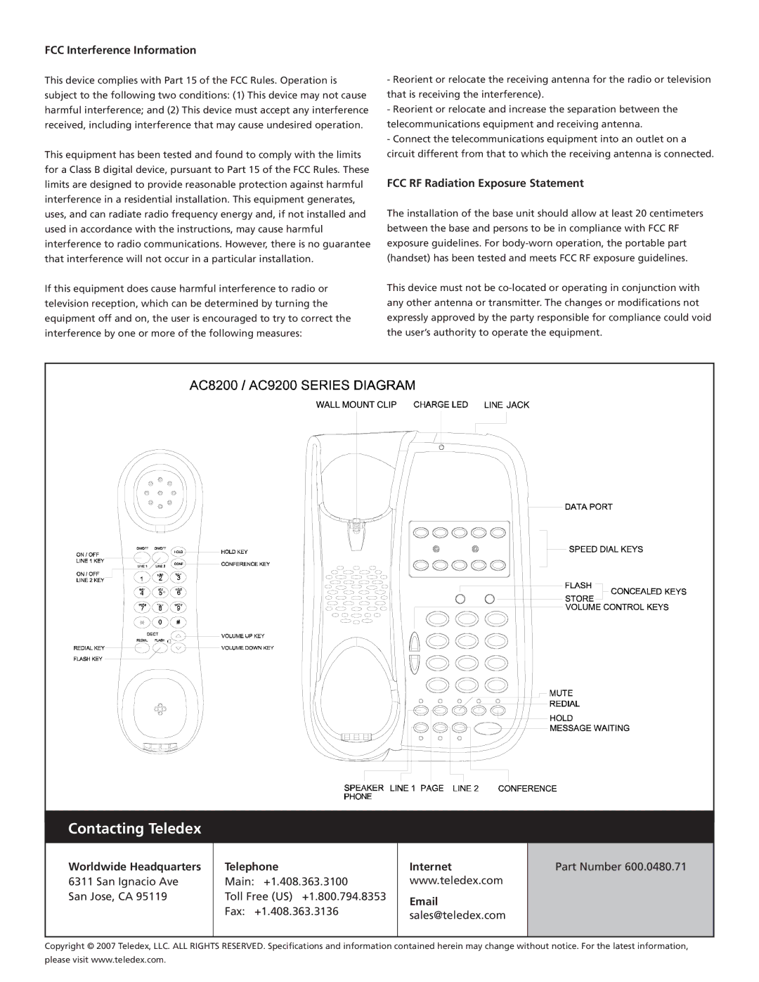 Teledex AC8205S manual FCC Interference Information, FCC RF Radiation Exposure Statement, Worldwide Headquarters, Telephone 