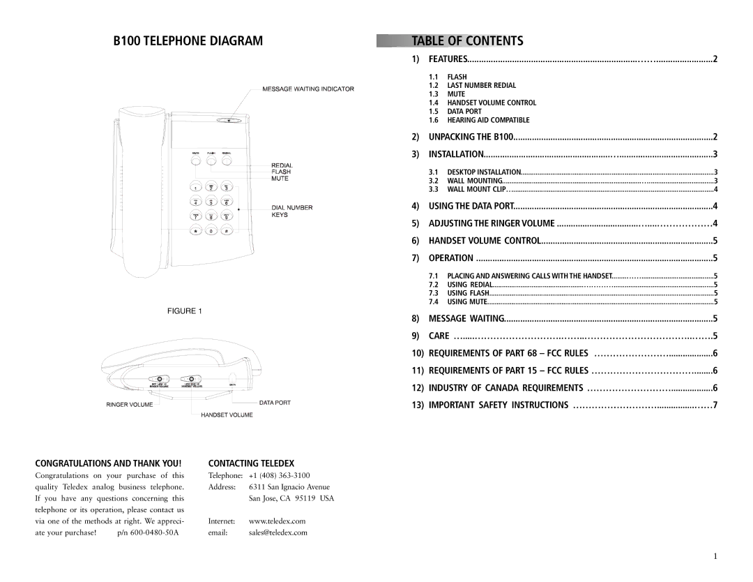 Teledex manual B100 Telephone Diagram, Table of Contents 