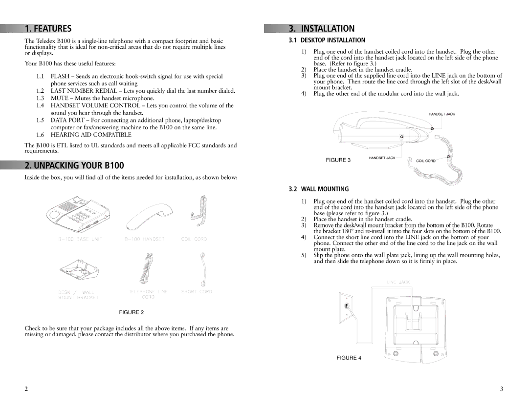 Teledex manual Features, Unpacking Your B100, Desktop Installation, Wall Mounting 