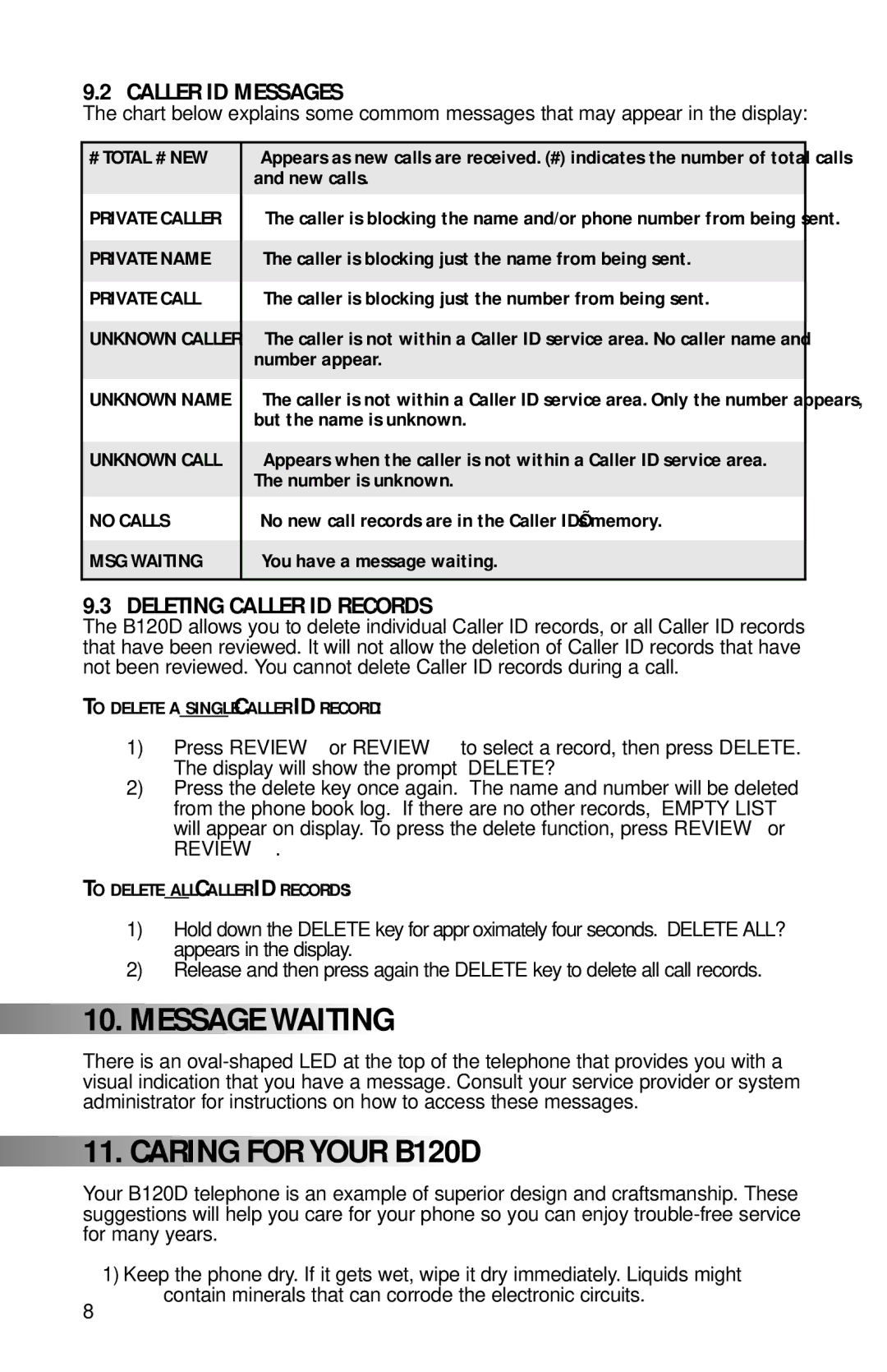 Teledex manual Message Waiting, Caring for Your B120D, Caller ID Messages, Deleting Caller ID Records 