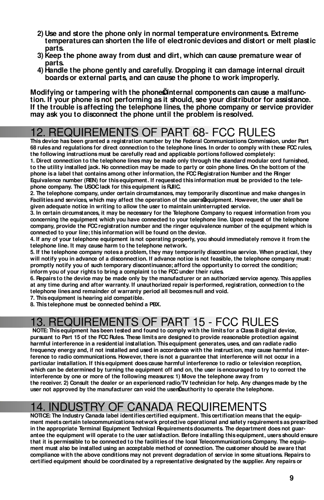 Teledex B120D manual Requirements of Part 68- FCC Rules, Requirements of Part 15 FCC Rules, Industry of Canada Requirements 