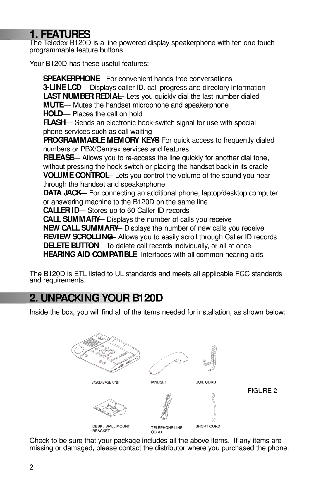 Teledex manual Features, Unpacking Your B120D 