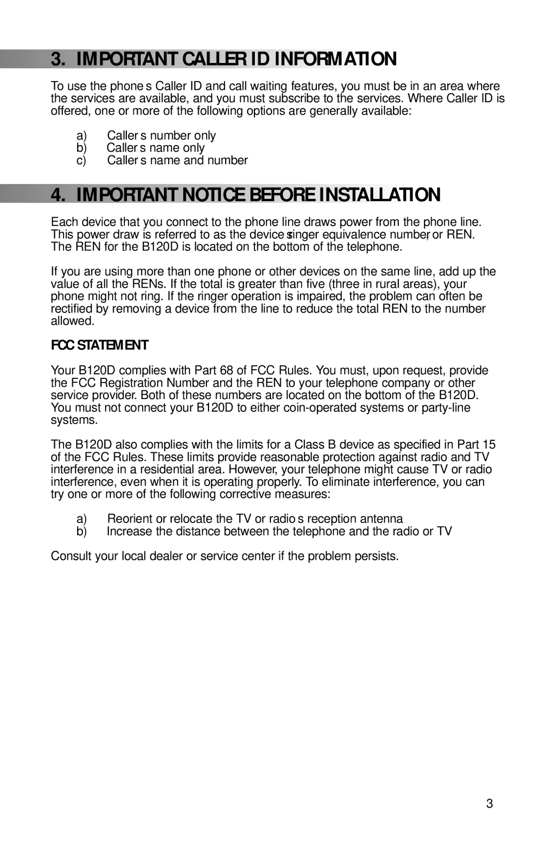 Teledex B120D manual Important Caller ID Information, Important Notice Before Installation, FCC Statement 